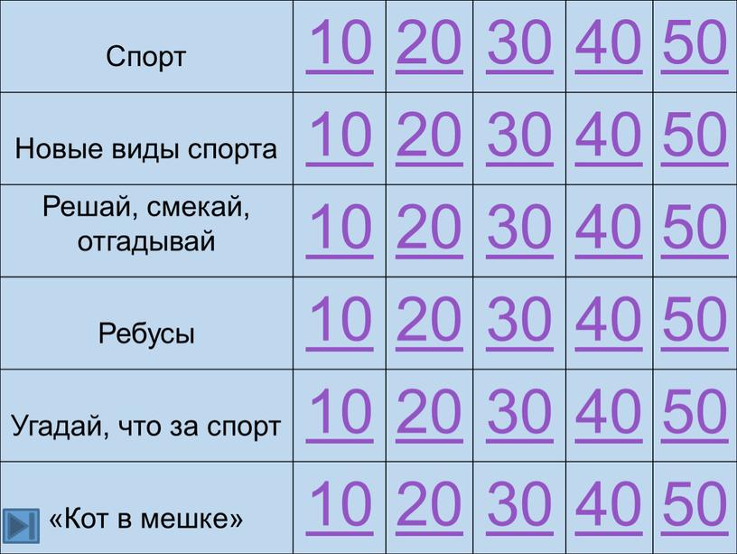 Спорт 10 20 30 40 50 Новые виды спорта