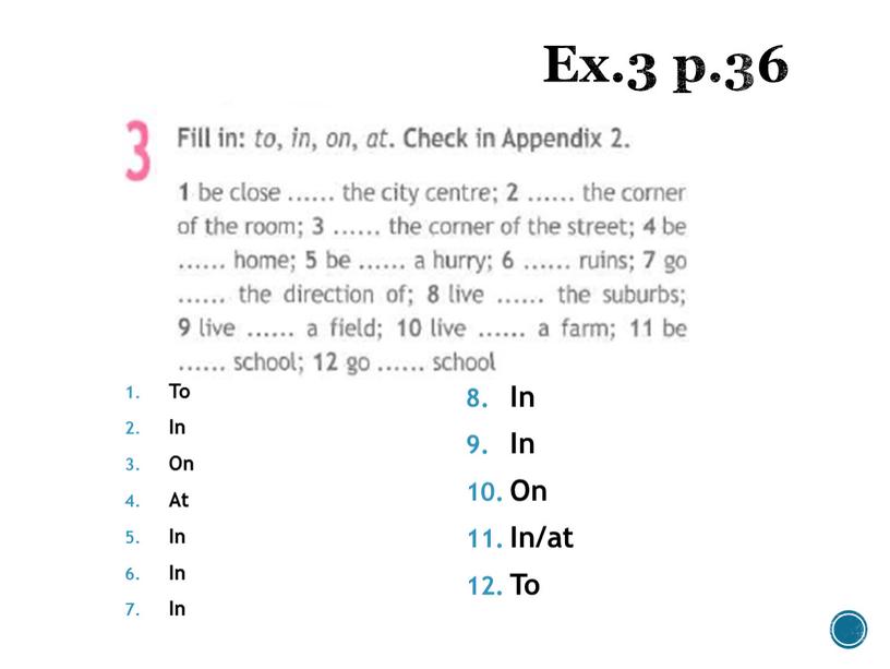 Ex.3 p.36 To In On At In In In