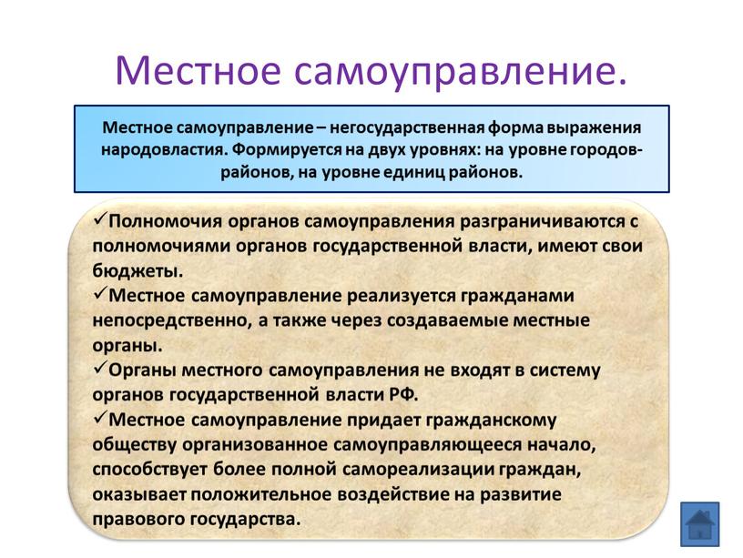 Местное самоуправление. Местное самоуправление – негосударственная форма выражения народовластия