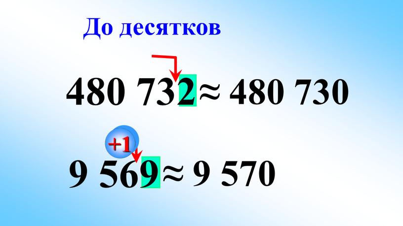 9 569 480 732 ≈ 480 730 ≈ 9 570 До десятков +1