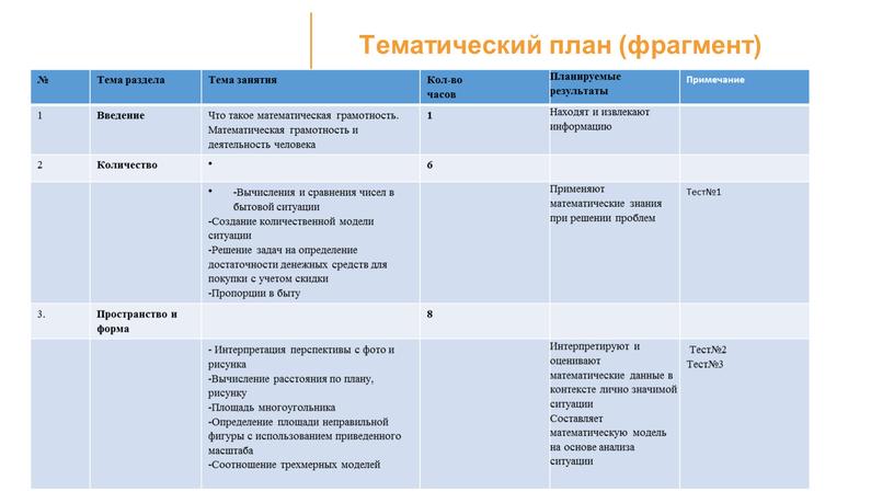 Тематический план (фрагмент) Текст №