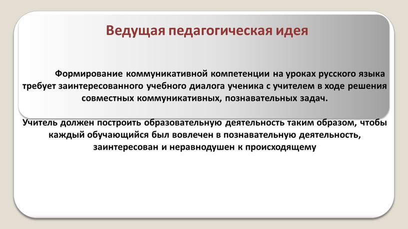 Ведущая педагогическая идея Формирование коммуникативной компетенции на уроках русского языка требует заинтересованного учебного диалога ученика с учителем в ходе решения совместных коммуникативных, познавательных задач