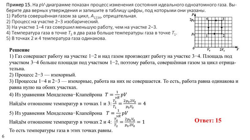 Пример 15. На pV -диа­грам­ме по­ка­зан про­цесс из­ме­не­ния со­сто­я­ния иде­аль­но­го од­но­атом­но­го газа