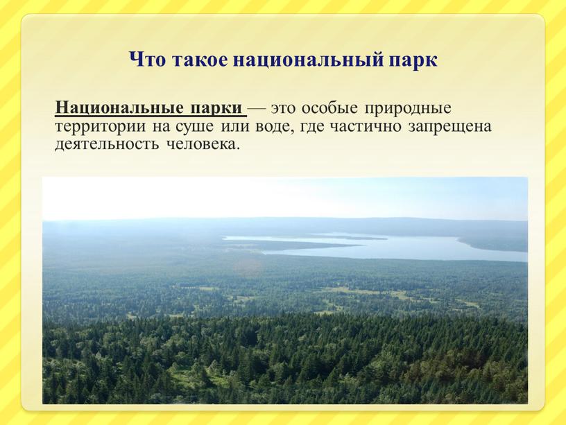 Национальные парки — это особые природные территории на суше или воде, где частично запрещена деятельность человека