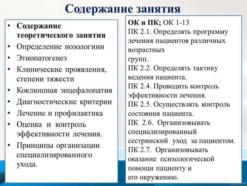 Содержание занятия Содержание теоретического занятия