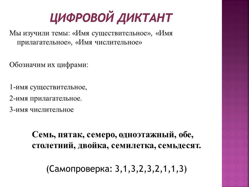 Цифровой диктант Мы изучили темы: «Имя существительное», «Имя прилагательное», «Имя числительное»