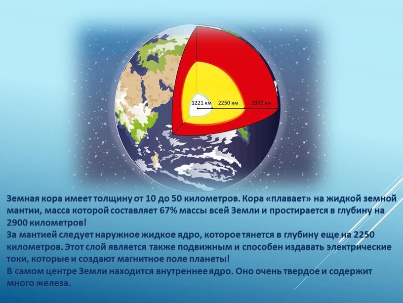 Земная кора имеет толщину от 10 до 50 километров