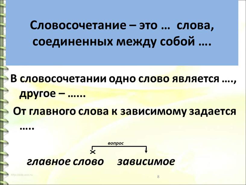 Словосочетание – это … слова, соединенных между собой …