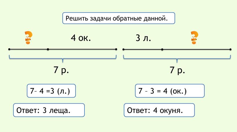 Ответ: 4 окуня. 7– 4 =3 (л.) Ответ: 3 леща