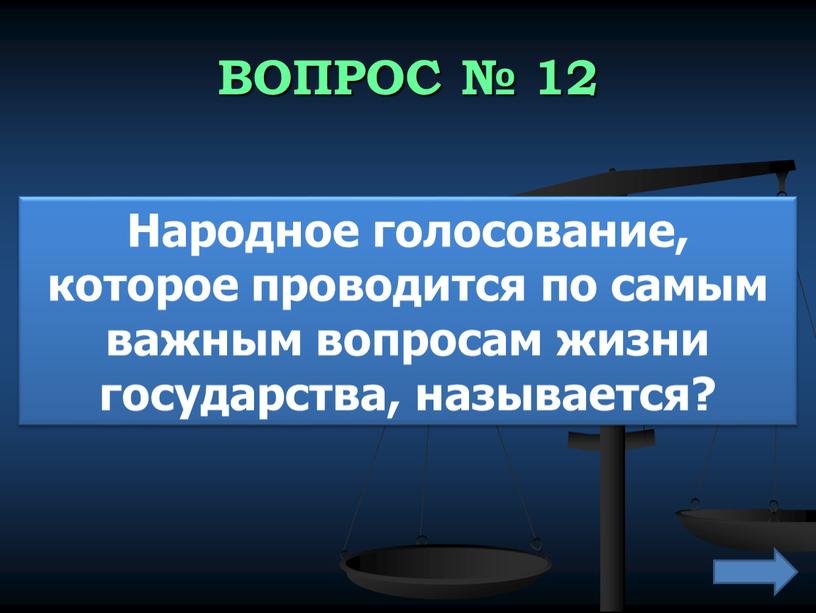 ВОПРОС № 12 Народное голосование, которое проводится по самым важным вопросам жизни государства, называется?