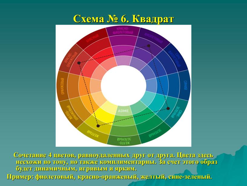 Схема № 6. Квадрат Сочетание 4 цветов, равноудаленных друг от друга