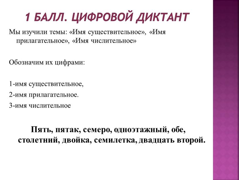 Цифровой диктант Мы изучили темы: «Имя существительное», «Имя прилагательное», «Имя числительное»