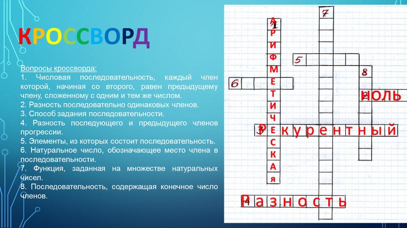 Вопросы кроссворда: 1. Числовая последовательность, каждый член которой, начиная со второго, равен предыдущему члену, сложенному с одним и тем же числом