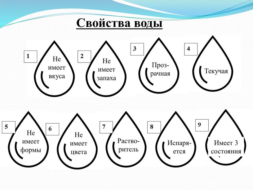 Свойства воды Не имеет вкуса Не имеет запаха