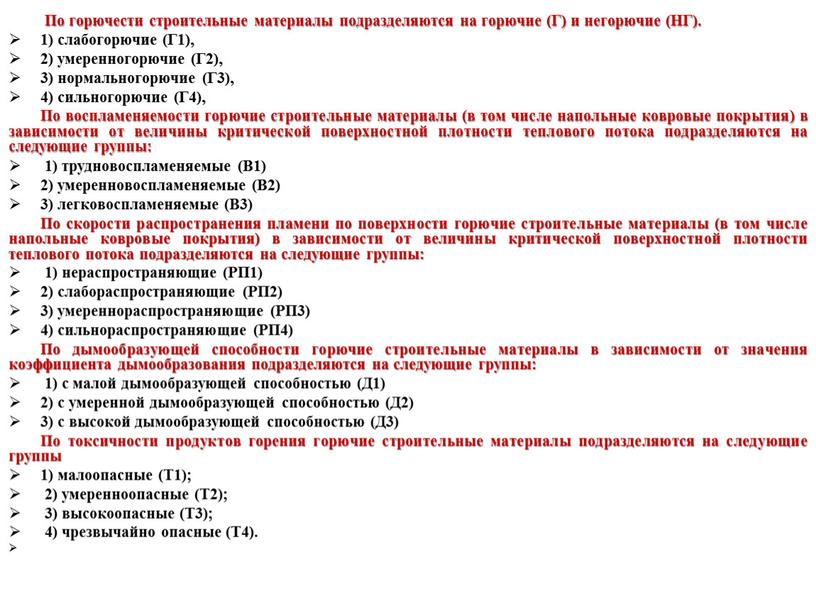 По горючести строительные материалы подразделяются на горючие (Г) и негорючие (НГ)