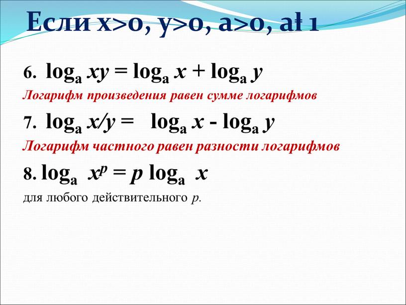 Если x>0, y>0, a>0, aⱡ 1 6. loga xy = loga x + loga y
