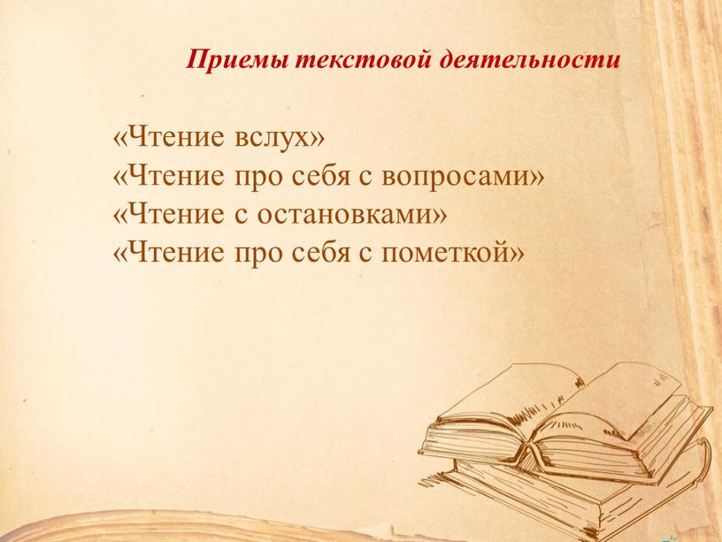 Приемы текстовой деятельности «Чтение вслух» «Чтение про себя с вопросами» «Чтение с остановками» «Чтение про себя с пометкой»