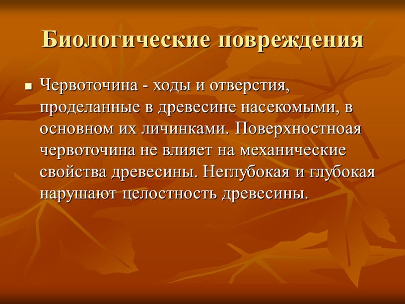 Биологические повреждения Червоточина - ходы и отверстия, проделанные в древесине насекомыми, в основном их личинками