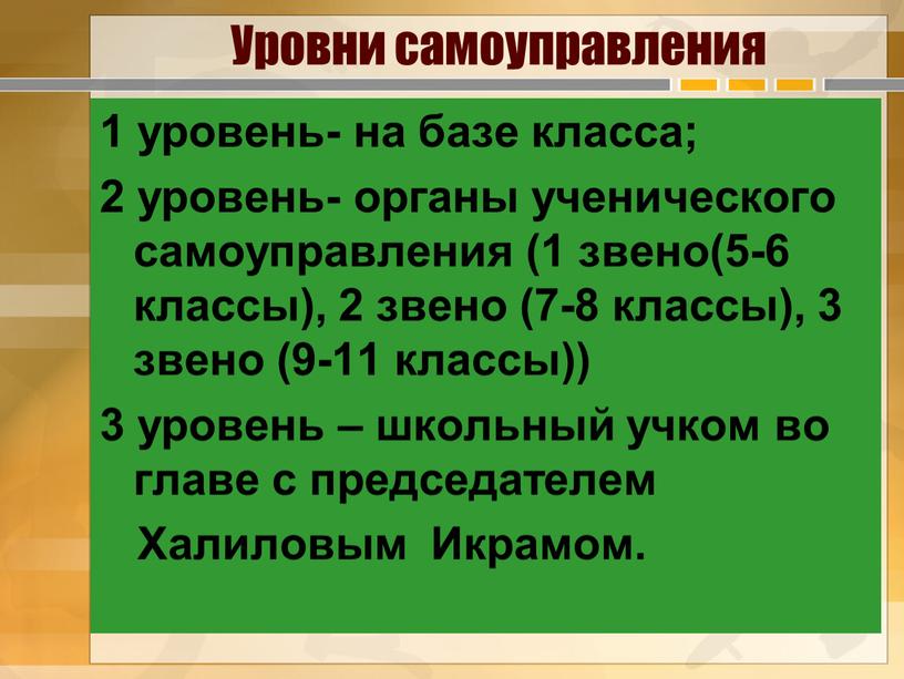 Уровни самоуправления 1 уровень- на базе класса; 2 уровень- органы ученического самоуправления (1 звено(5-6 классы), 2 звено (7-8 классы), 3 звено (9-11 классы)) 3 уровень…