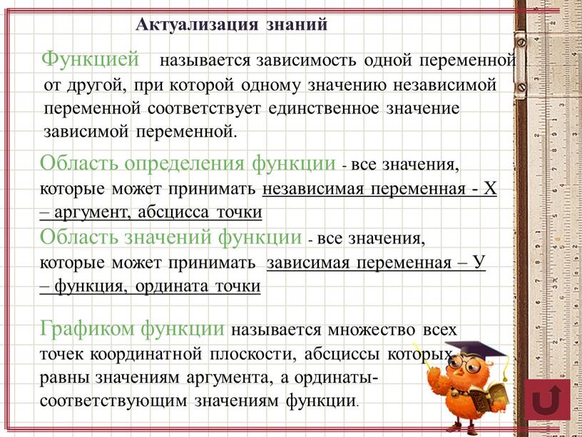 Функцией называется зависимость одной переменной от другой, при которой одному значению независимой переменной соответствует единственное значение зависимой переменной