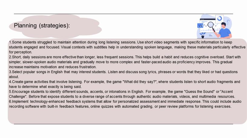 Planning (strategies): 1.Some students struggled to maintain attention during long listening sessions