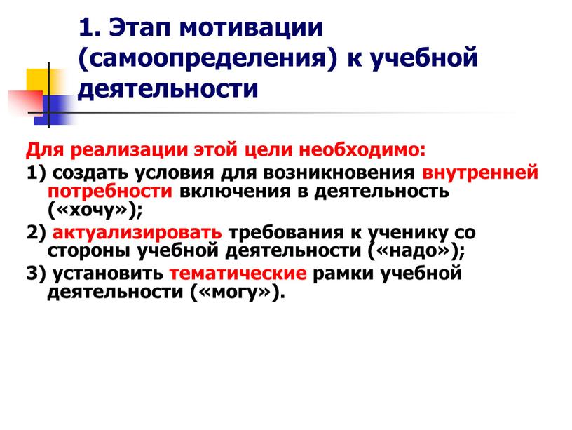 Этап мотивации (самоопределения) к учебной деятельности