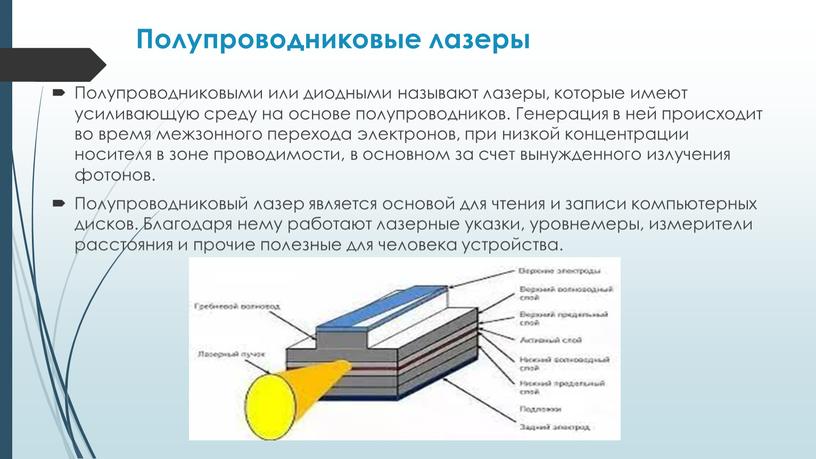 Полупроводниковые лазеры Полупроводниковыми или диодными называют лазеры, которые имеют усиливающую среду на основе полупроводников