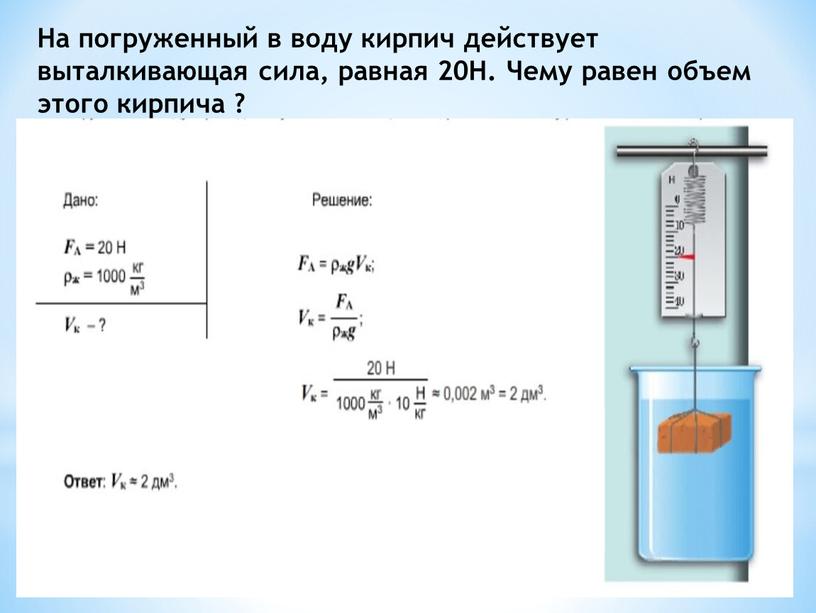 На погруженный в воду кирпич действует выталкивающая сила, равная 20Н