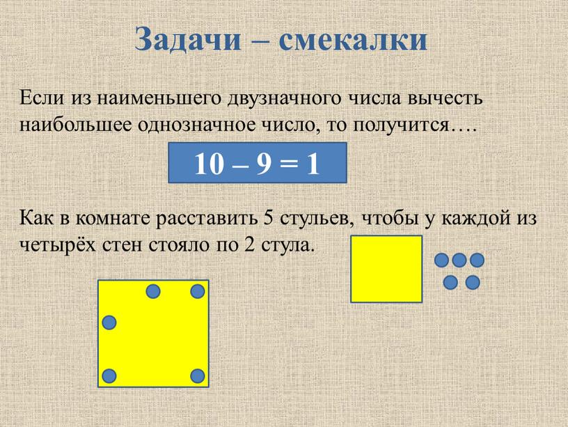 Задачи – смекалки Если из наименьшего двузначного числа вычесть наибольшее однозначное число, то получится…