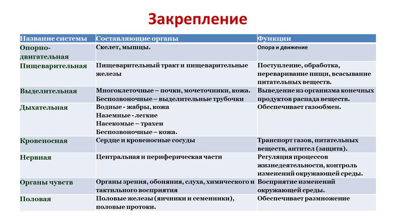 Закрепление Название системы Составляющие органы