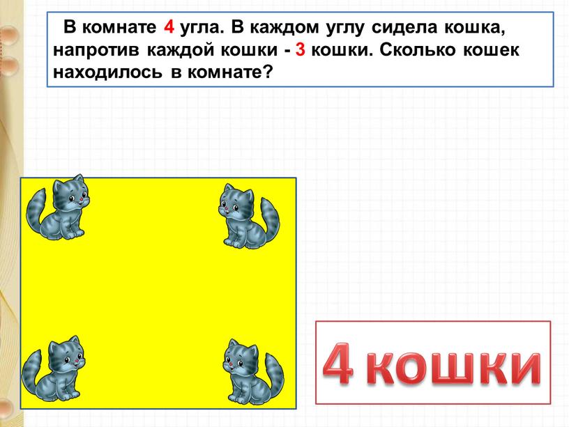 В комнате 4 угла. В каждом углу сидела кошка, напротив каждой кошки - 3 кошки