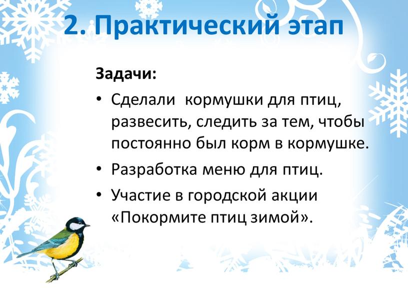 Практический этап Задачи: Сделали кормушки для птиц, развесить, следить за тем, чтобы постоянно был корм в кормушке