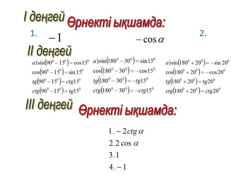 І деңгей 1. 2. Өрнекті ықшамда: ІІ деңгей ІІІ деңгей Өрнекті ықшамда: