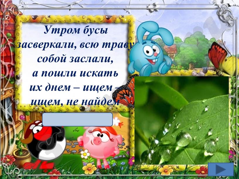 Утром бусы засверкали, всю траву собой заслали, а пошли искать их днем – ищем – ищем, не найдем роса