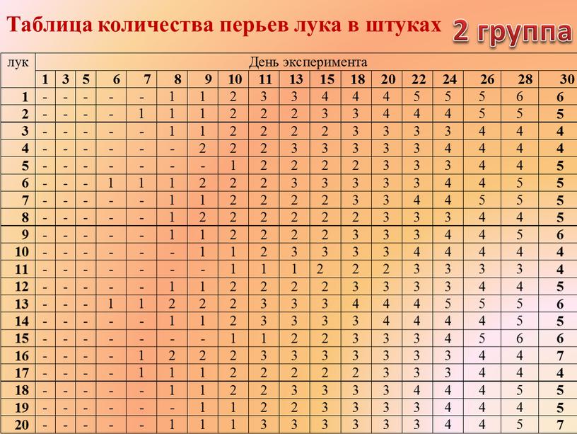 Таблица количества перьев лука в штуках 2 группа