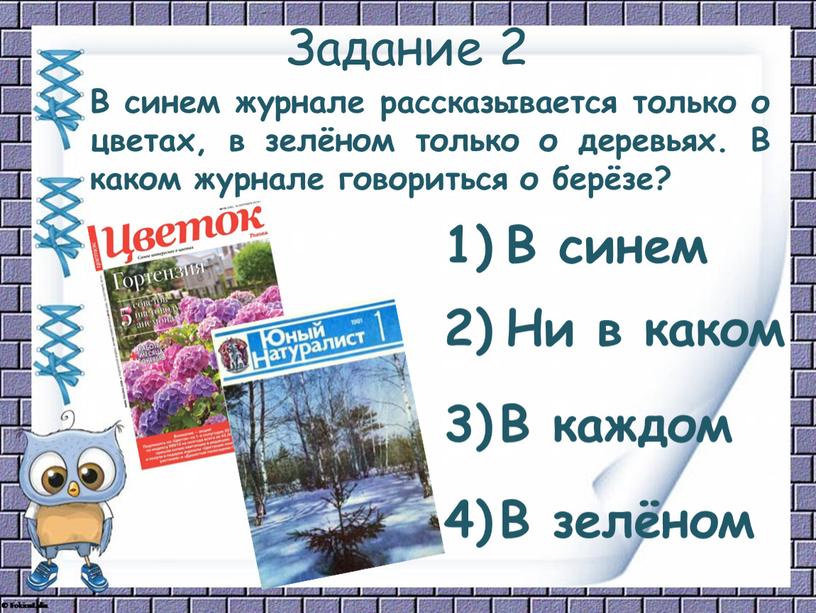 Задание 2 В синем журнале рассказывается только о цветах, в зелёном только о деревьях