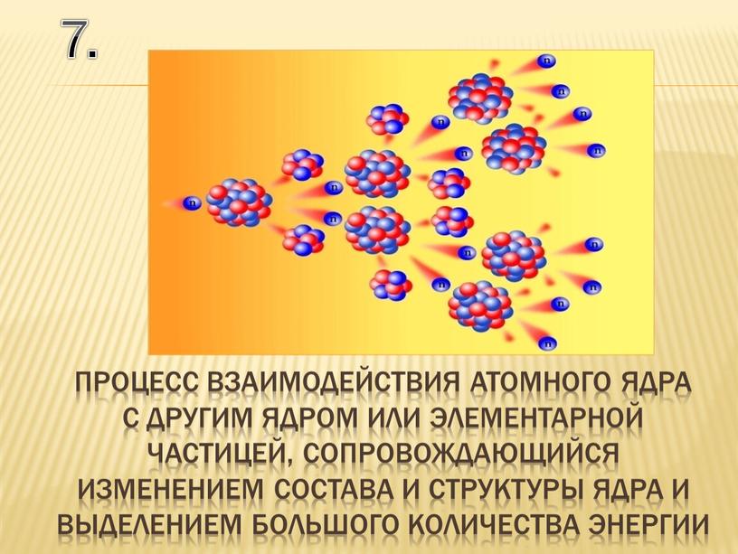 7. процесс взаимодействия атомного ядра с другим ядром или элементарной частицей, сопровождающийся изменением состава и структуры ядра и выделением большого количества энергии