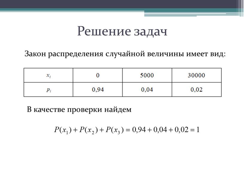 Решение задач Закон распределения случайной величины имеет вид: