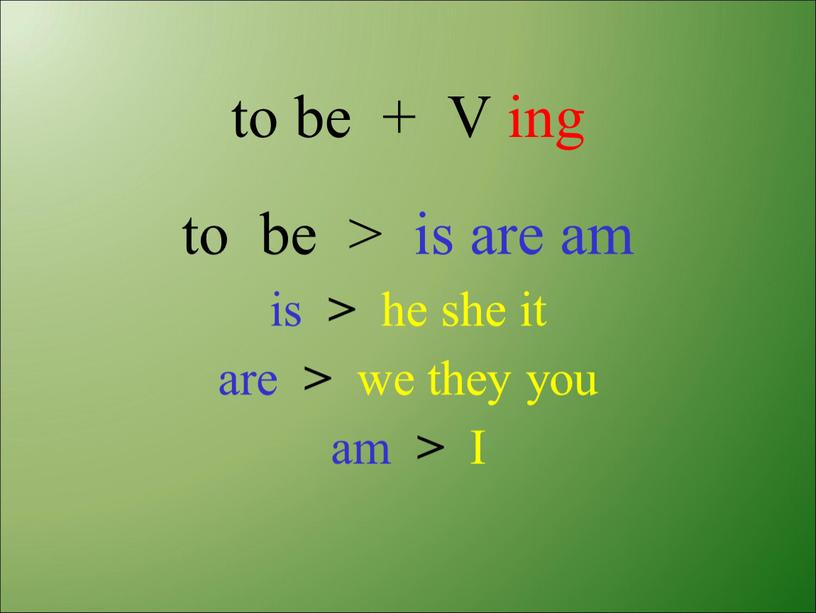 V ing to be > is are am is > he she it are > we they you am >