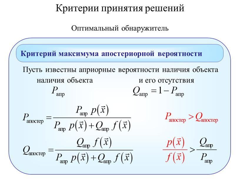 Оптимальный обнаружитель Критерий максимума апостериорной вероятности