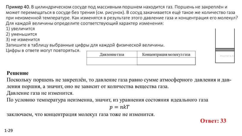 Пример 40. В ци­лин­дри­че­ском со­су­де под мас­сив­ным порш­нем на­хо­дит­ся газ