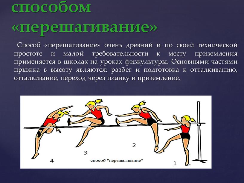 Способ «перешагивание» очень древний и по своей технической простоте и малой требовательности к месту приземления применяется в школах на уроках физкультуры