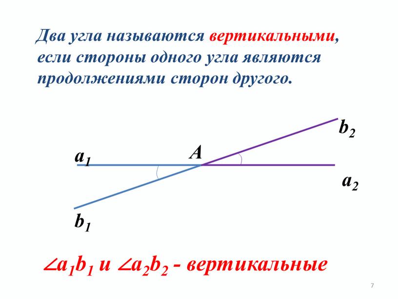 Два угла называются вертикальными, если стороны одного угла являются продолжениями сторон другого