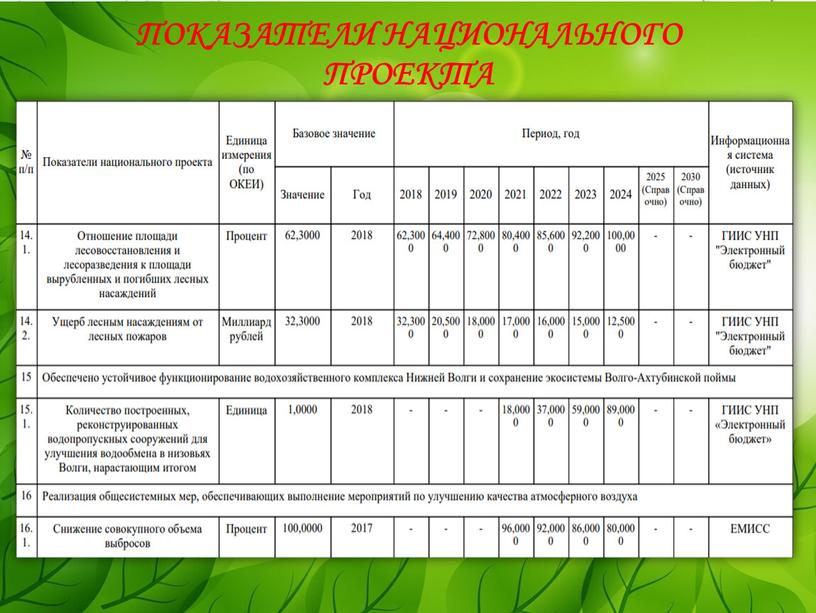 Показатели национального проекта