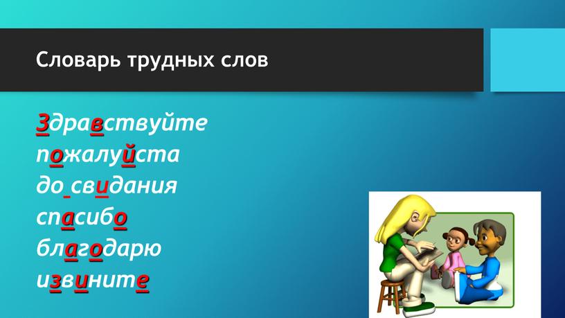 Словарь трудных слов З дра в ствуйте пожалуйста до свидания спасибо благодарю извините