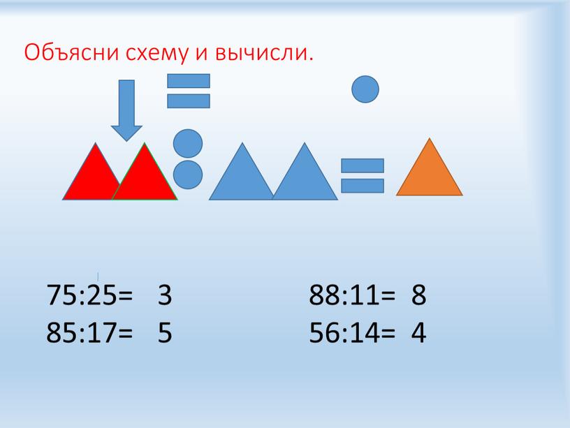 Объясни схему и вычисли. 75:25= 85:17= 88:11= 56:14= 3 5 8 4