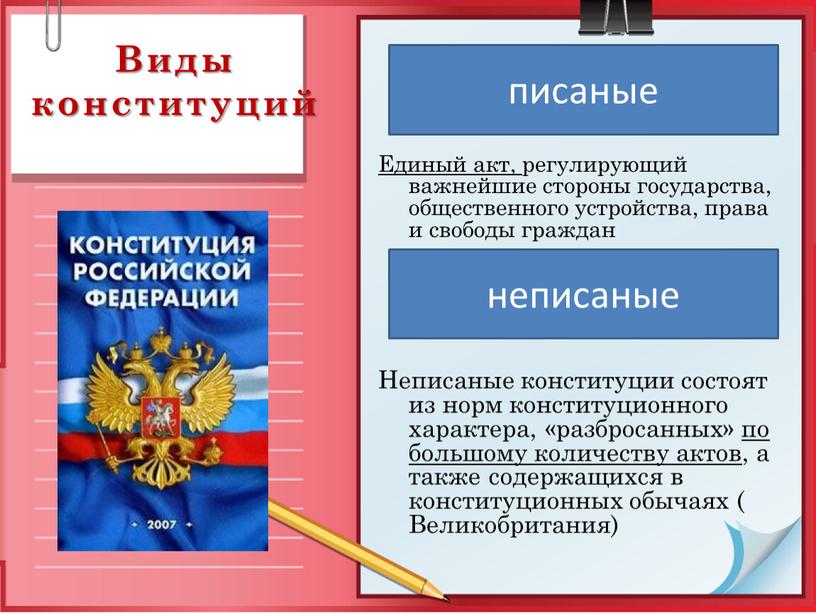 Виды конституций Единый акт, регулирующий важнейшие стороны государства, общественного устройства, права и свободы граждан