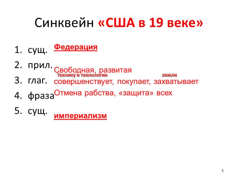 Синквейн «США в 19 веке» сущ. прил