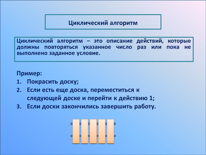 Циклический алгоритм – это описание действий, которые должны повторяться указанное число раз или пока не выполнено заданное условие