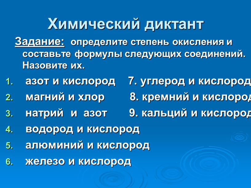 Химический диктант Задание: определите степень окисления и составьте формулы следующих соединений